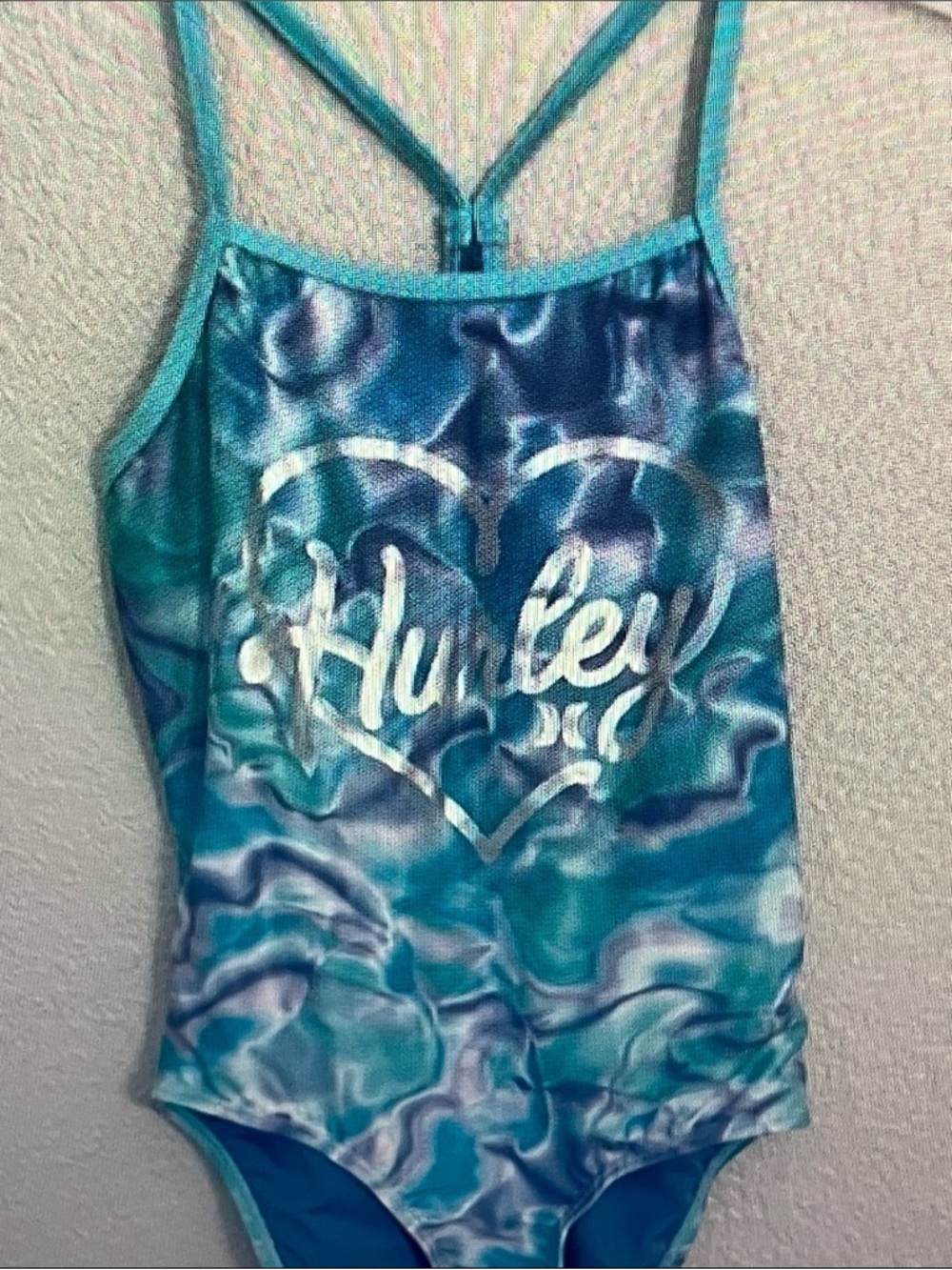 Hurley Teal and White Marbled Logo Girls' One-Piece Swimsuit